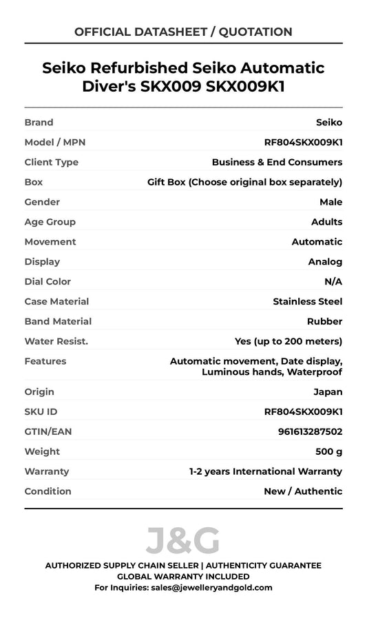 Seiko Refurbished Seiko Automatic Diver's SKX009 SKX009K1. A brand-new Seiko watch featuring a N/A dial and a Rubber strap. Front view. - MAIN_PH