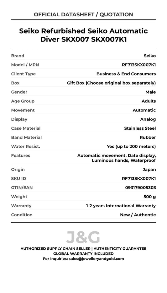 Seiko Refurbished Seiko Automatic Diver SKX007 SKX007K1. A brand-new Seiko watch featuring a Rubber strap. Side view. - MAIN_PH