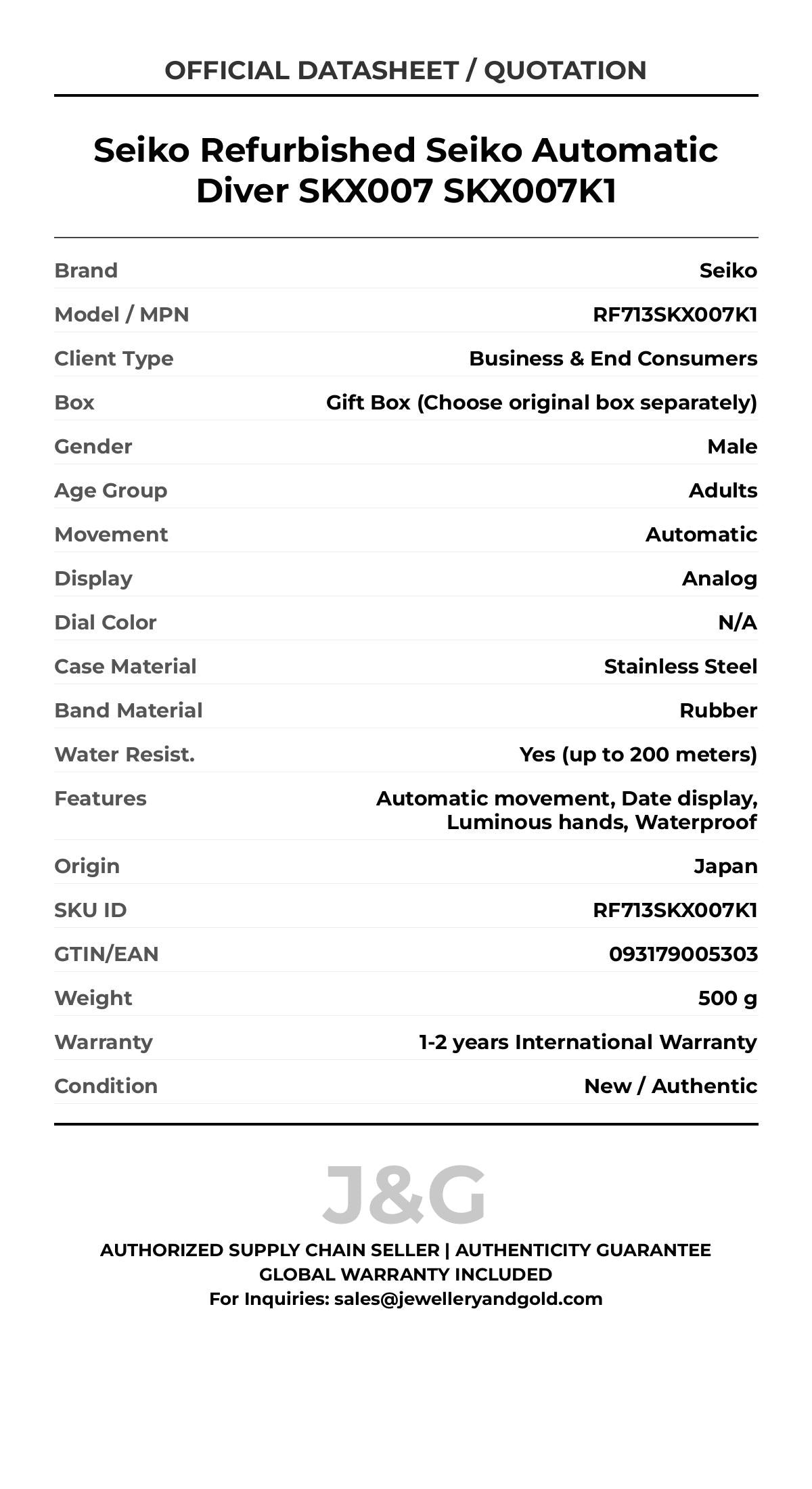 Seiko Refurbished Seiko Automatic Diver SKX007 SKX007K1. A brand-new Seiko watch featuring a N/A dial and a Rubber strap. Angled view. - MAIN_PH