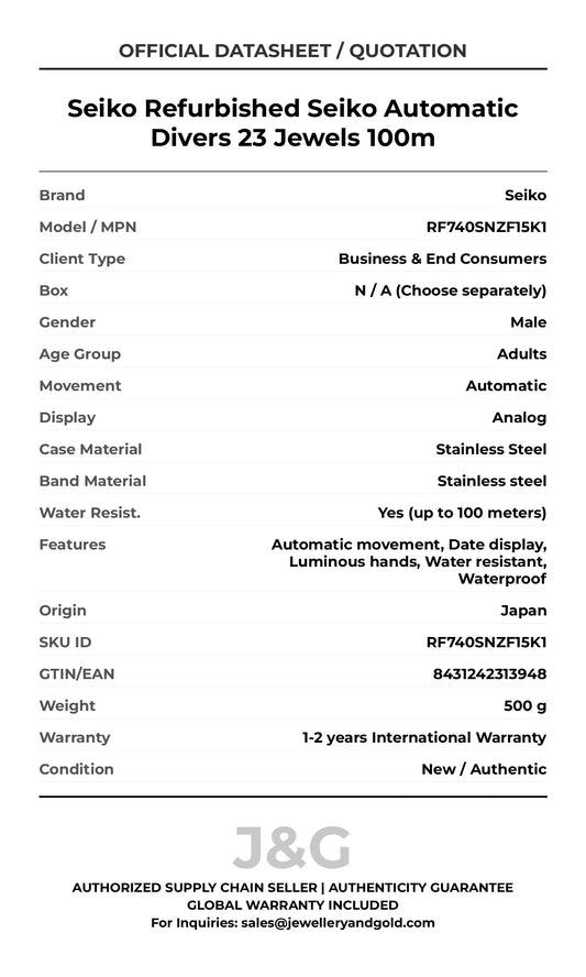 Seiko Refurbished Seiko Automatic Divers 23 Jewels 100m. A brand-new Seiko watch featuring a Stainless steel strap. Front view. - MAIN_PH