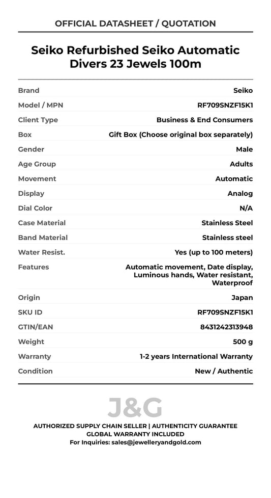 Seiko Refurbished Seiko Automatic Divers 23 Jewels 100m. A brand-new Seiko watch featuring a N/A dial and a Stainless steel strap. Side view. - MAIN_PH
