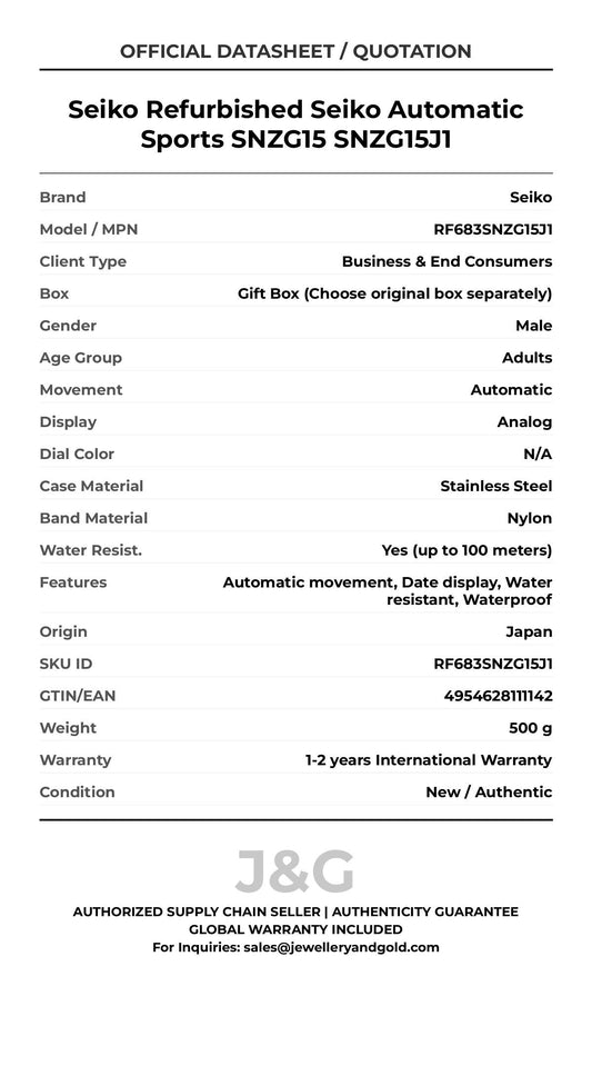 Seiko Refurbished Seiko Automatic Sports SNZG15 SNZG15J1. A brand-new Seiko watch featuring a N/A dial and a Nylon strap. Side view. - MAIN_PH