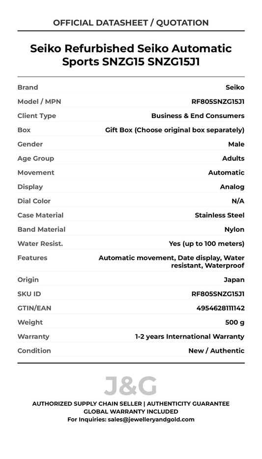 Seiko Refurbished Seiko Automatic Sports SNZG15 SNZG15J1. A brand-new Seiko watch featuring a N/A dial and a Nylon strap. Side view. - MAIN_PH