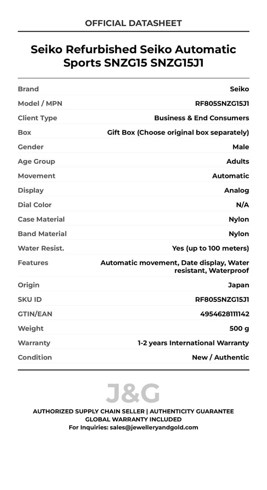 Seiko Refurbished Seiko Automatic Sports SNZG15 SNZG15J1. A brand-new Seiko watch featuring a N/A dial and a Nylon strap. Angled view. - MAIN_PH