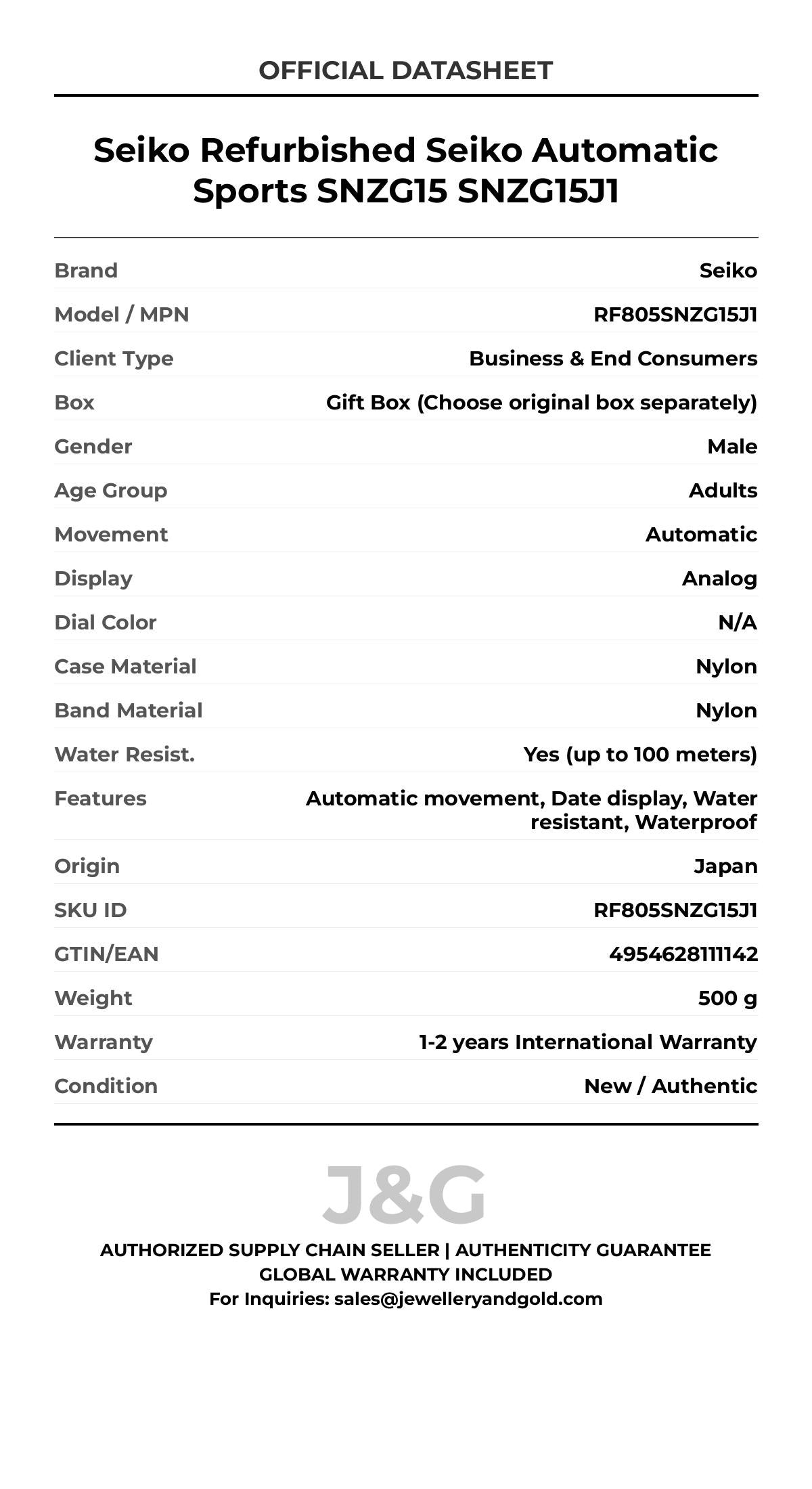 Seiko Refurbished Seiko Automatic Sports SNZG15 SNZG15J1. A brand-new Seiko watch featuring a N/A dial and a Nylon strap. Side view. - MAIN_PH