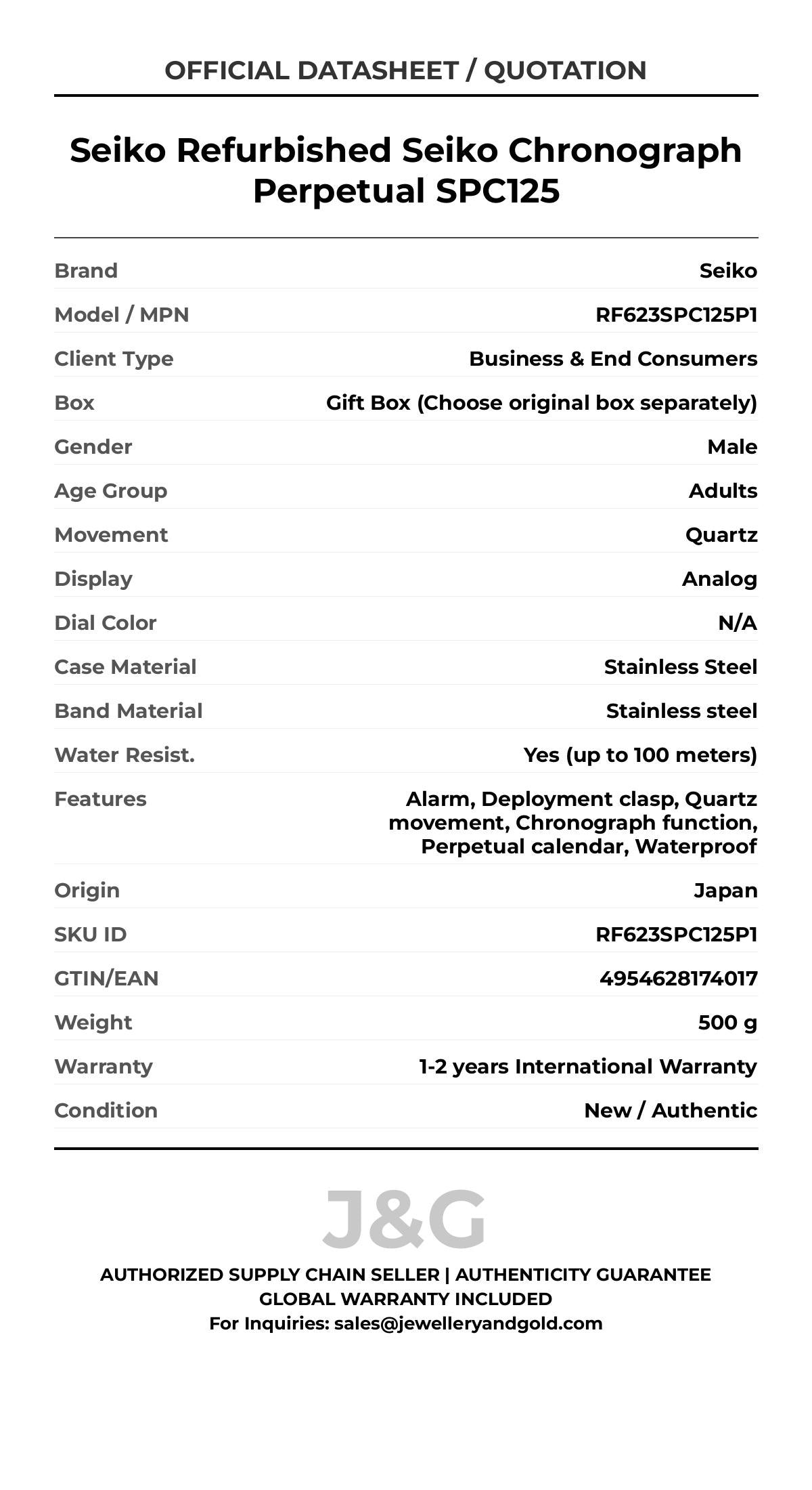 Seiko Refurbished Seiko Chronograph Perpetual SPC125. A brand-new Seiko watch featuring a N/A dial and a Stainless steel strap. Side view. - MAIN_PH