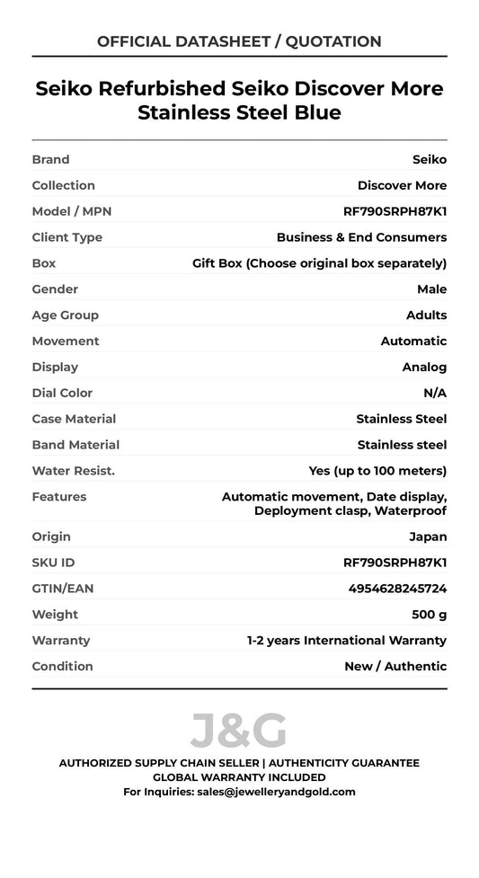 Seiko Refurbished Seiko Discover More Stainless Steel Blue. A brand-new Seiko Discover More watch featuring a N/A dial and a Stainless steel strap. Angled view. - MAIN_PH