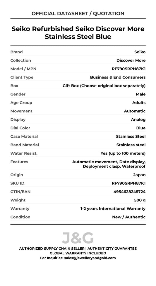 Seiko Refurbished Seiko Discover More Stainless Steel Blue. A brand-new Seiko Discover More watch featuring a Blue dial and a Stainless steel strap. Side view. - MAIN_PH