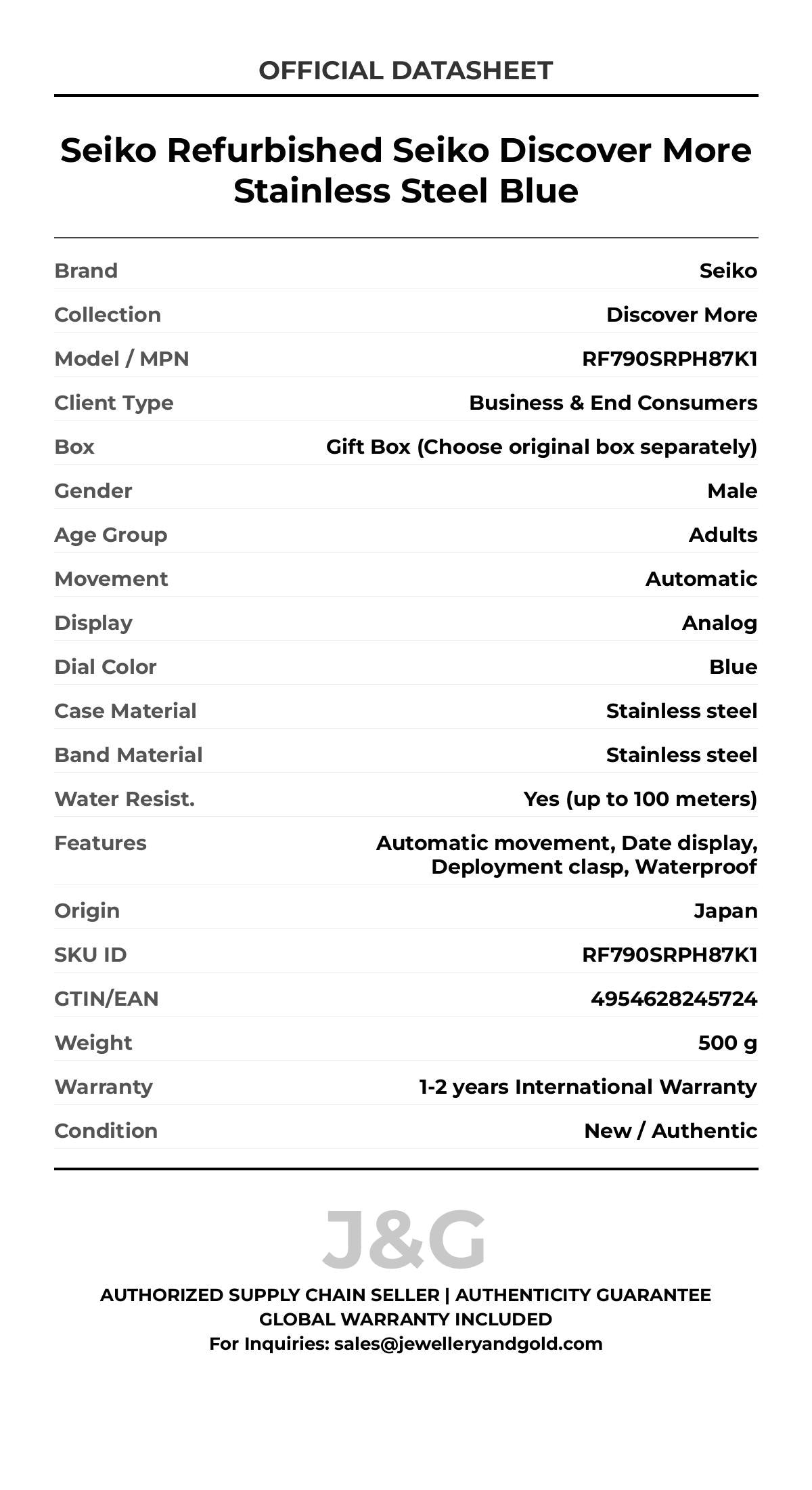 Seiko Refurbished Seiko Discover More Stainless Steel Blue. A brand-new Seiko Discover More watch featuring a Blue dial and a Stainless steel strap. Side view. - MAIN_PH