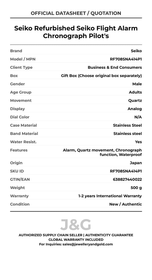 Seiko Refurbished Seiko Flight Alarm Chronograph Pilot's. A brand-new Seiko watch featuring a N/A dial and a Stainless steel strap. Front view. - MAIN_PH