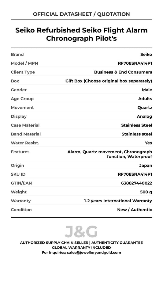 Seiko Refurbished Seiko Flight Alarm Chronograph Pilot's. A brand-new Seiko watch featuring a Stainless steel strap. Side view. - MAIN_PH