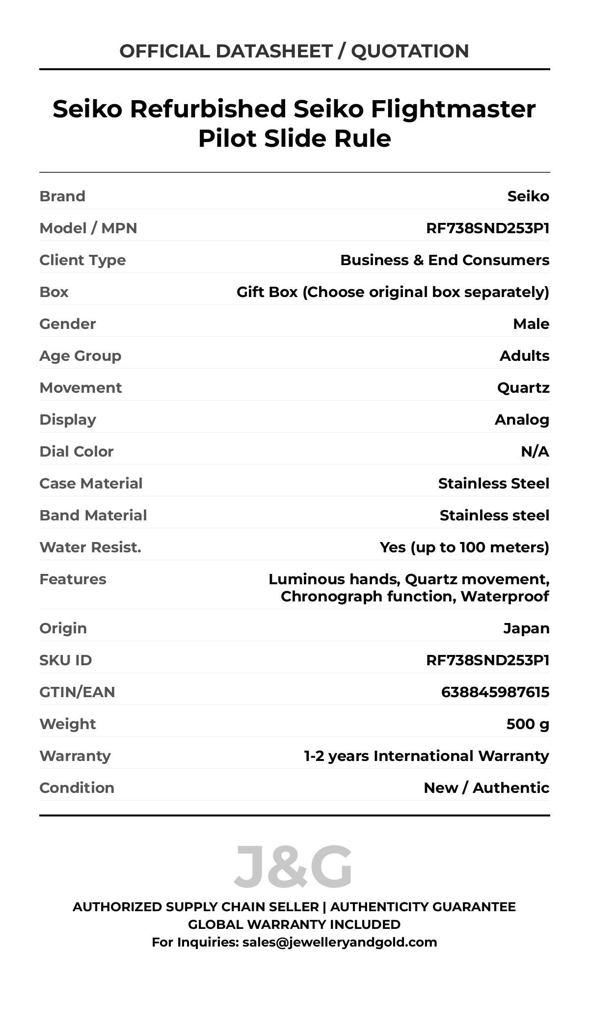 Seiko Refurbished Seiko Flightmaster Pilot Slide Rule. A brand-new Seiko watch featuring a N/A dial and a Stainless steel strap. Side view. - MAIN_PH