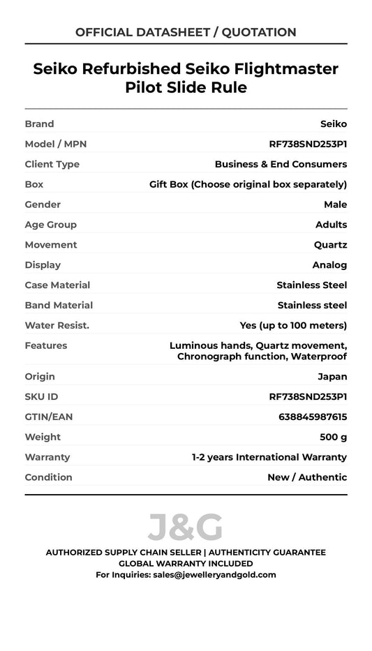 Seiko Refurbished Seiko Flightmaster Pilot Slide Rule. A brand-new Seiko watch featuring a Stainless steel strap. Front view. - MAIN_PH