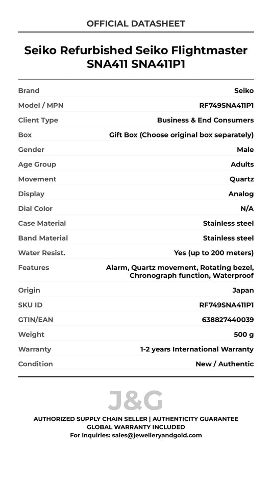 Seiko Refurbished Seiko Flightmaster SNA411 SNA411P1. A brand-new Seiko watch featuring a N/A dial and a Stainless steel strap. Front view. - MAIN_PH
