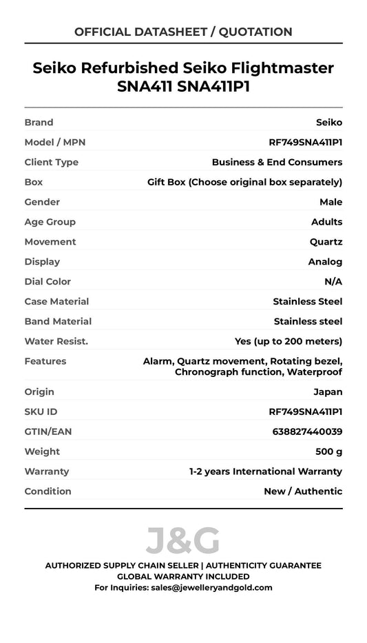 Seiko Refurbished Seiko Flightmaster SNA411 SNA411P1. A brand-new Seiko watch featuring a N/A dial and a Stainless steel strap. Side view. - MAIN_PH