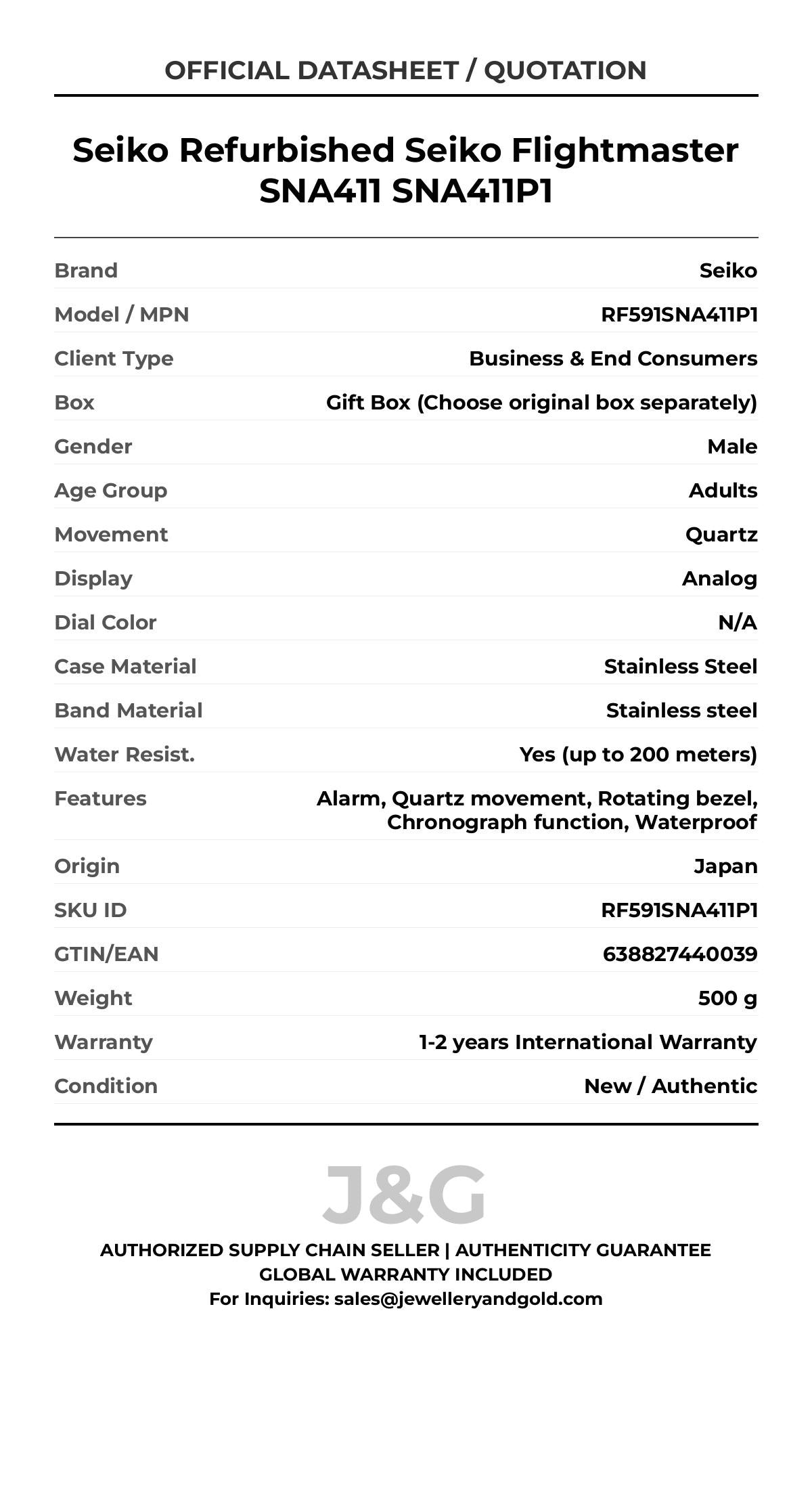 Seiko Refurbished Seiko Flightmaster SNA411 SNA411P1. A brand-new Seiko watch featuring a N/A dial and a Stainless steel strap. Angled view. - MAIN_PH