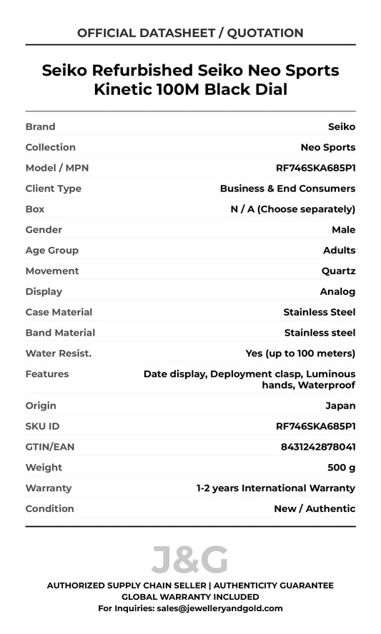 Seiko Refurbished Seiko Neo Sports Kinetic 100M Black Dial. A brand-new Seiko Neo Sports watch featuring a Stainless steel strap. Angled view. - MAIN_PH