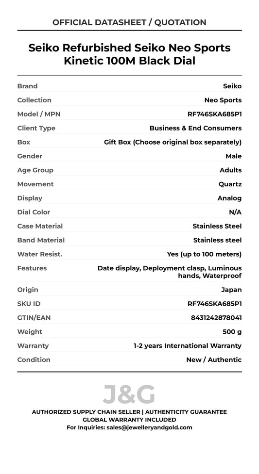 Seiko Refurbished Seiko Neo Sports Kinetic 100M Black Dial. A brand-new Seiko Neo Sports watch featuring a N/A dial and a Stainless steel strap. Side view. - MAIN_PH