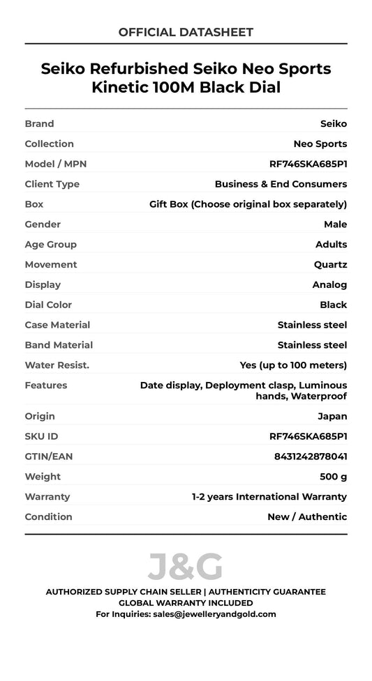 Seiko Refurbished Seiko Neo Sports Kinetic 100M Black Dial. A brand-new Seiko Neo Sports watch featuring a Black dial and a Stainless steel strap. Front view. - MAIN_PH