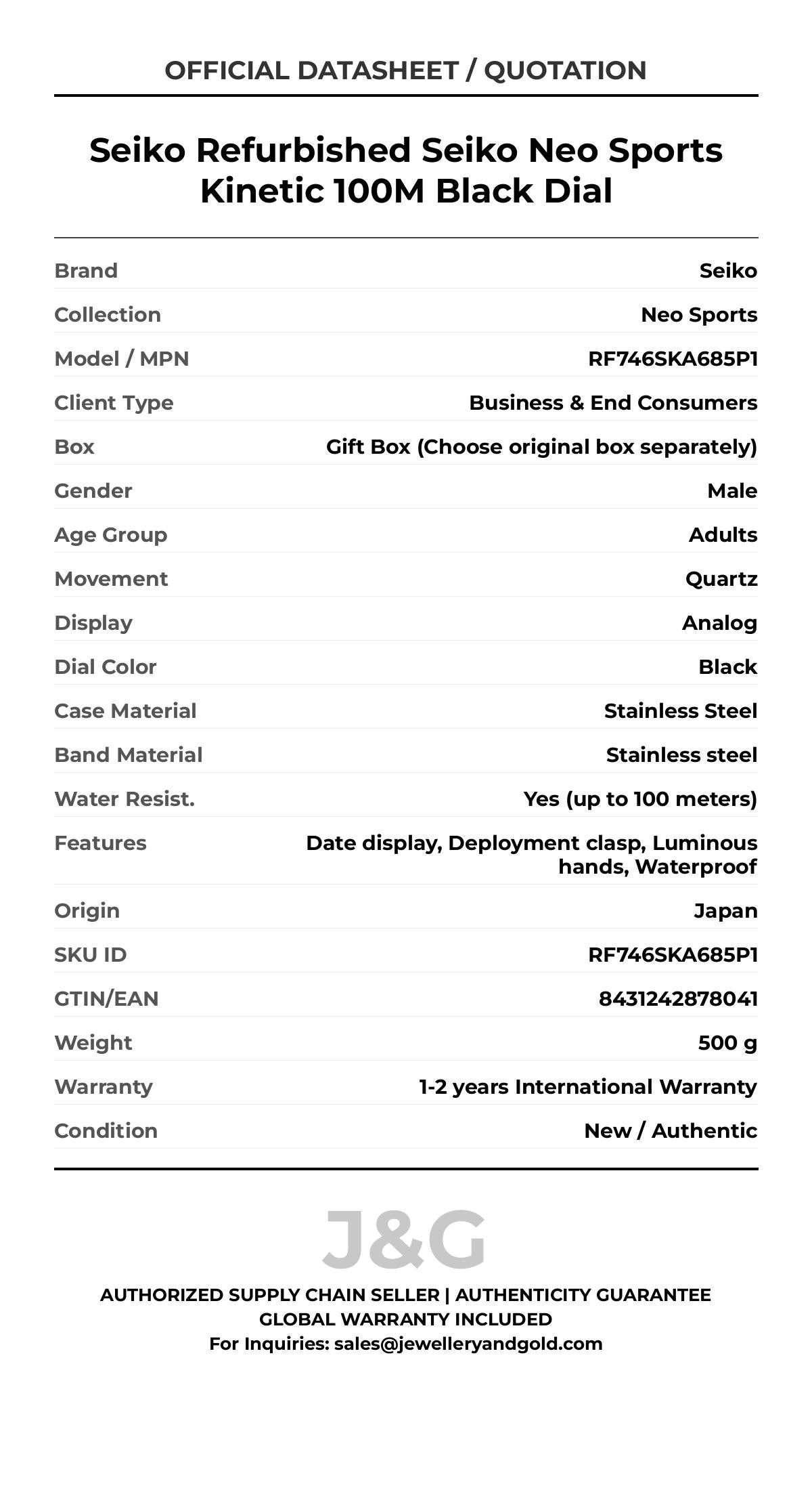 Seiko Refurbished Seiko Neo Sports Kinetic 100M Black Dial. A brand-new Seiko Neo Sports watch featuring a Black dial and a Stainless steel strap. Side view. - MAIN_PH