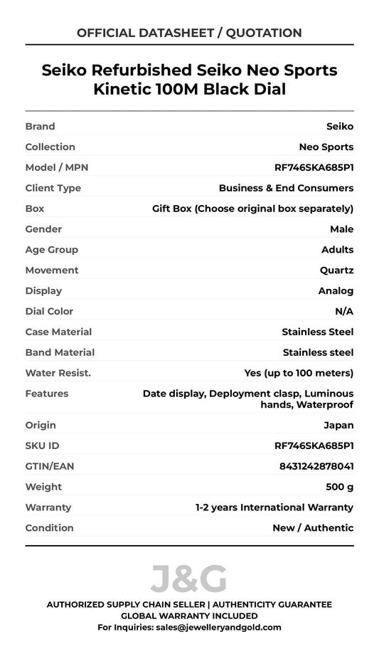 Seiko Refurbished Seiko Neo Sports Kinetic 100M Black Dial. A brand-new Seiko Neo Sports watch featuring a N/A dial and a Stainless steel strap. Angled view. - MAIN_PH
