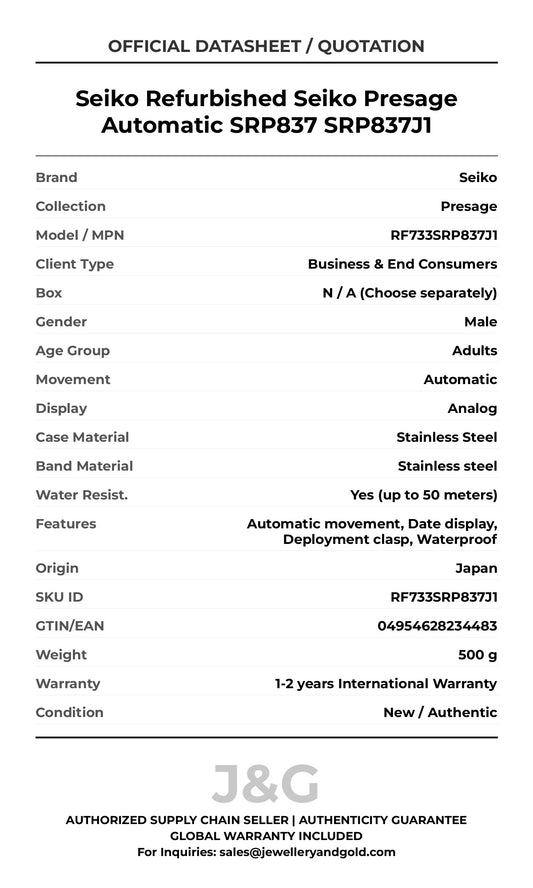 Seiko Refurbished Seiko Presage Automatic SRP837 SRP837J1. A brand-new Seiko Presage watch featuring a Stainless steel strap. Front view. - MAIN_PH