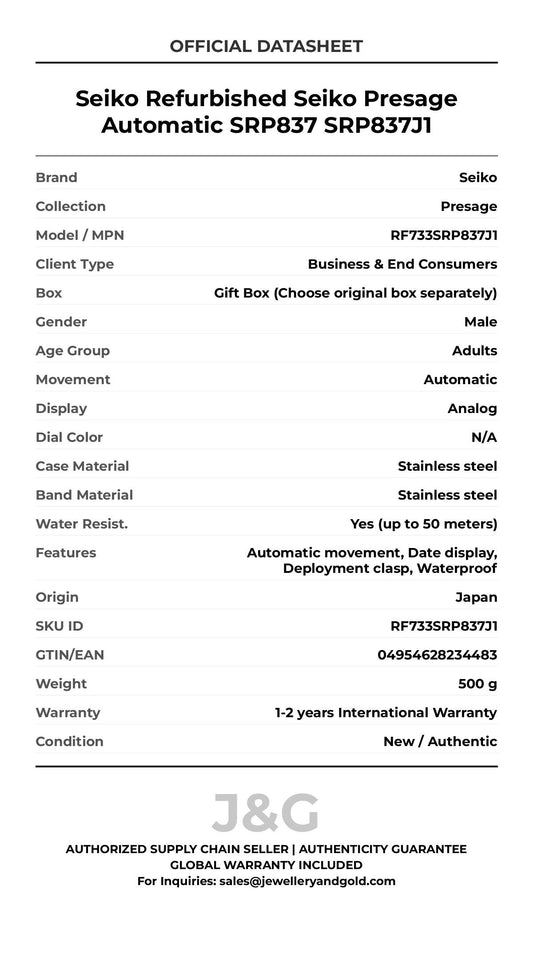 Seiko Refurbished Seiko Presage Automatic SRP837 SRP837J1. A brand-new Seiko Presage watch featuring a N/A dial and a Stainless steel strap. Front view. - MAIN_PH