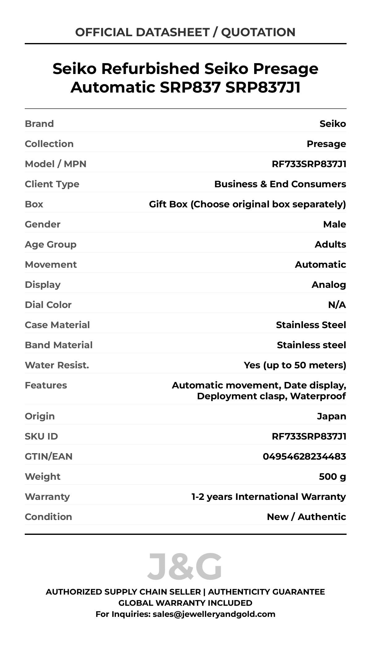 Seiko Refurbished Seiko Presage Automatic SRP837 SRP837J1. A brand-new Seiko Presage watch featuring a N/A dial and a Stainless steel strap. Angled view. - MAIN_PH