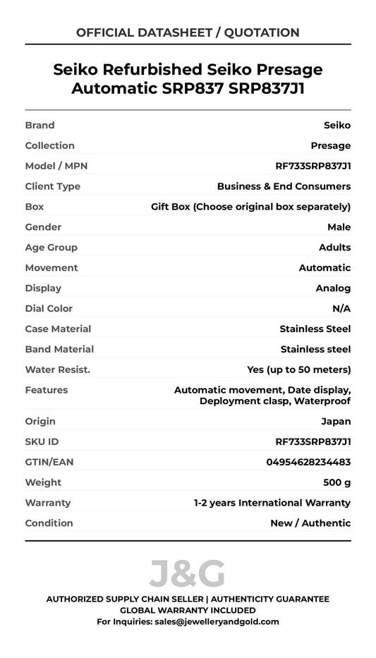 Seiko Refurbished Seiko Presage Automatic SRP837 SRP837J1. A brand-new Seiko Presage watch featuring a N/A dial and a Stainless steel strap. Angled view. - MAIN_PH