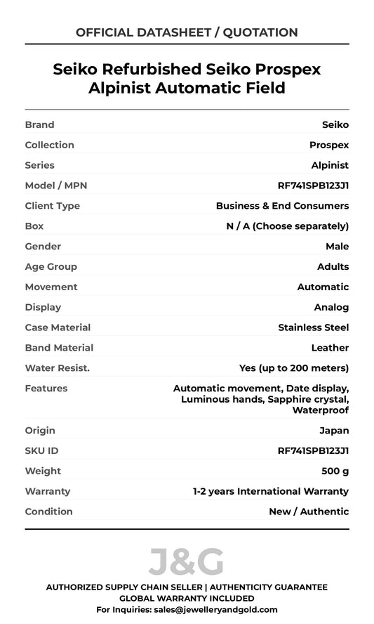 Seiko Refurbished Seiko Prospex Alpinist Automatic Field. A brand-new Seiko Prospex watch featuring a Leather strap. Angled view. - MAIN_PH