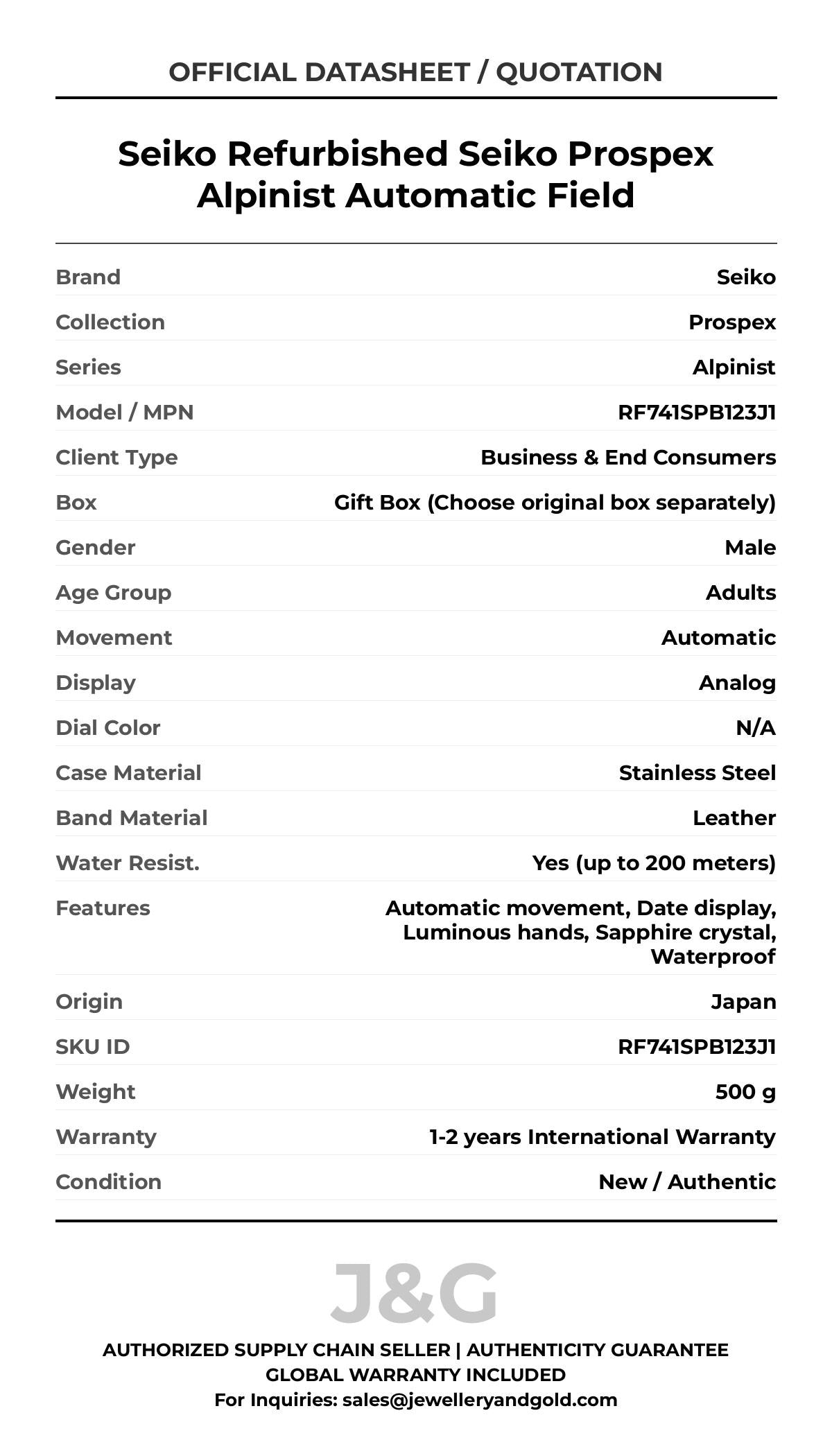 Seiko Refurbished Seiko Prospex Alpinist Automatic Field. A brand-new Seiko Prospex watch featuring a N/A dial and a Leather strap. Angled view. - MAIN_PH