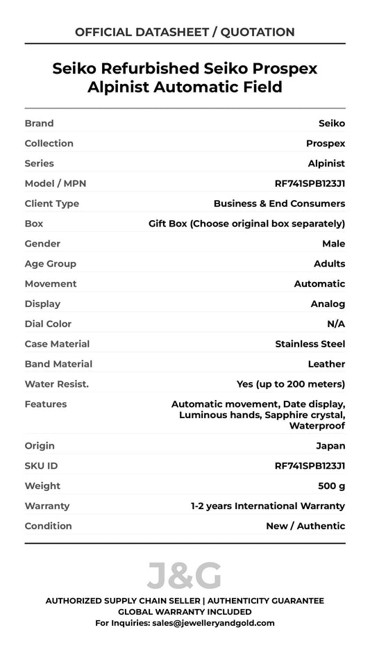 Seiko Refurbished Seiko Prospex Alpinist Automatic Field. A brand-new Seiko Prospex watch featuring a N/A dial and a Leather strap. Angled view. - MAIN_PH