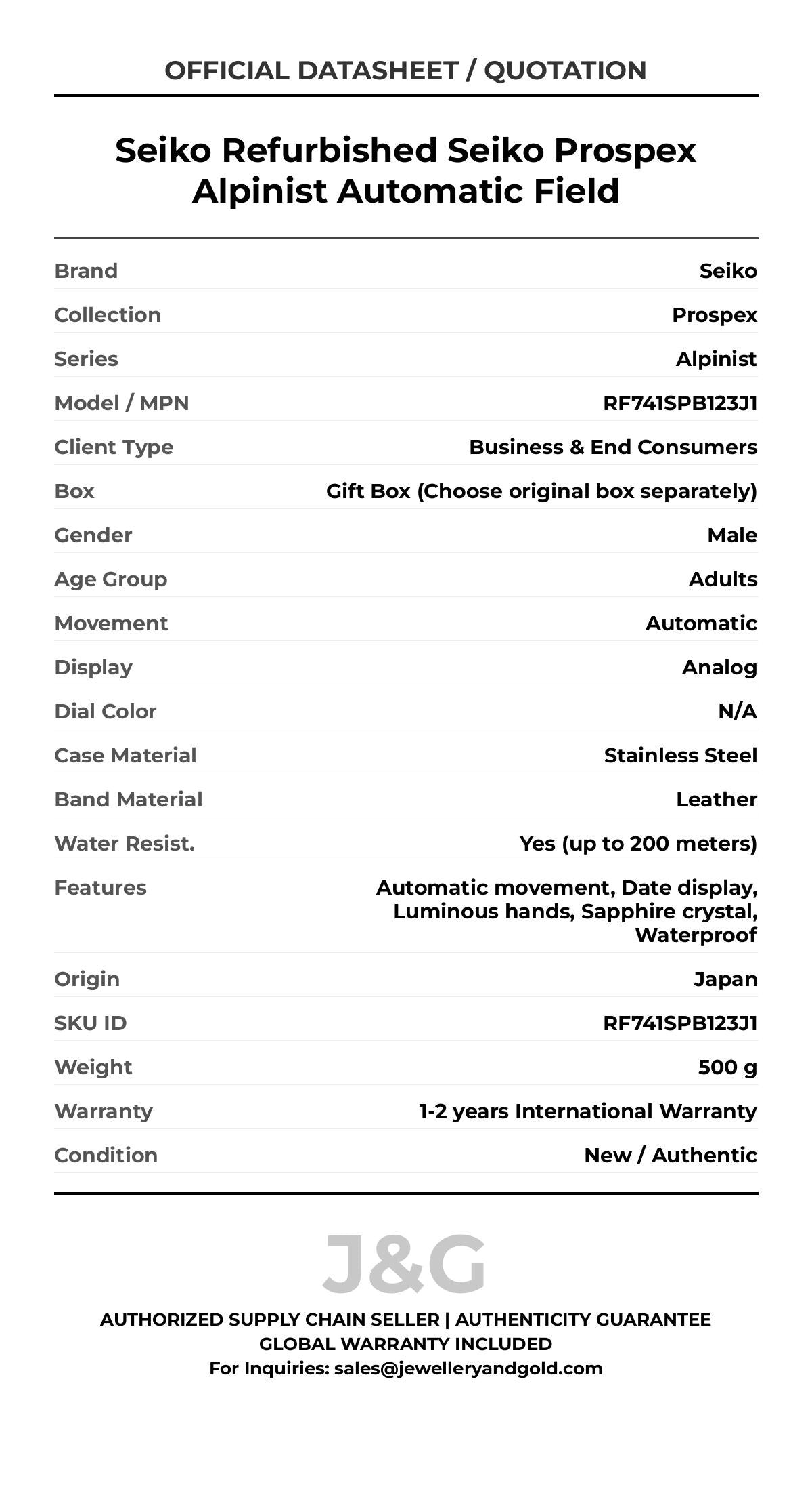 Seiko Refurbished Seiko Prospex Alpinist Automatic Field. A brand-new Seiko Prospex watch featuring a N/A dial and a Leather strap. Front view. - MAIN_PH