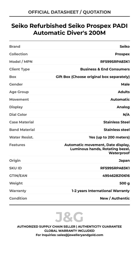 Seiko Refurbished Seiko Prospex PADI Automatic Diver's 200M. A brand-new Seiko Prospex watch featuring a N/A dial and a Stainless steel strap. Side view. - MAIN_PH