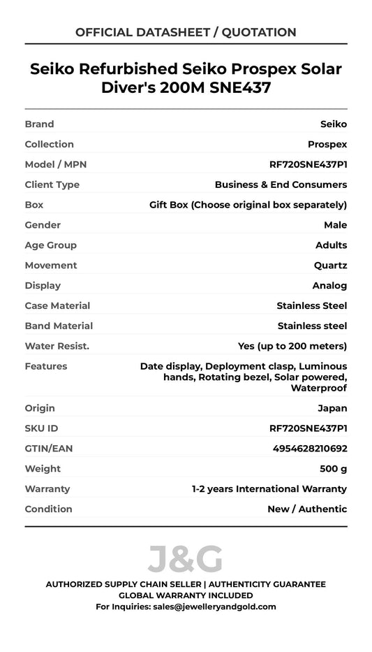 Seiko Refurbished Seiko Prospex Solar Diver's 200M SNE437. A brand-new Seiko Prospex watch featuring a Stainless steel strap. Angled view. - MAIN_PH