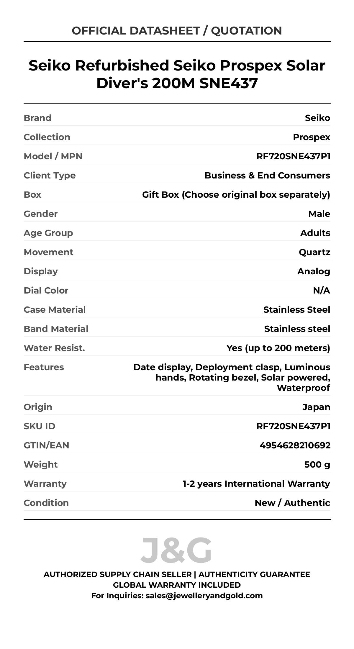 Seiko Refurbished Seiko Prospex Solar Diver's 200M SNE437. A brand-new Seiko Prospex watch featuring a N/A dial and a Stainless steel strap. Front view. - MAIN_PH