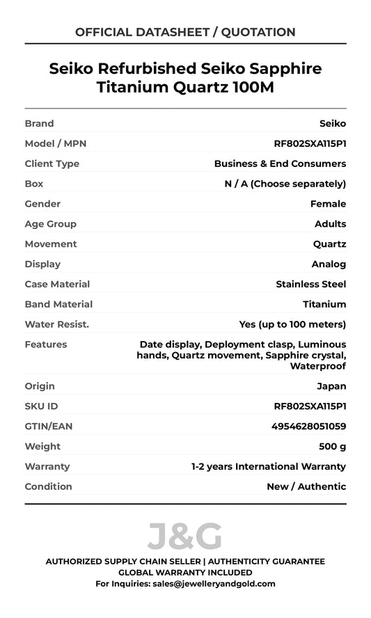 Seiko Refurbished Seiko Sapphire Titanium Quartz 100M. A brand-new Seiko watch featuring a Titanium strap. Front view. - MAIN_PH