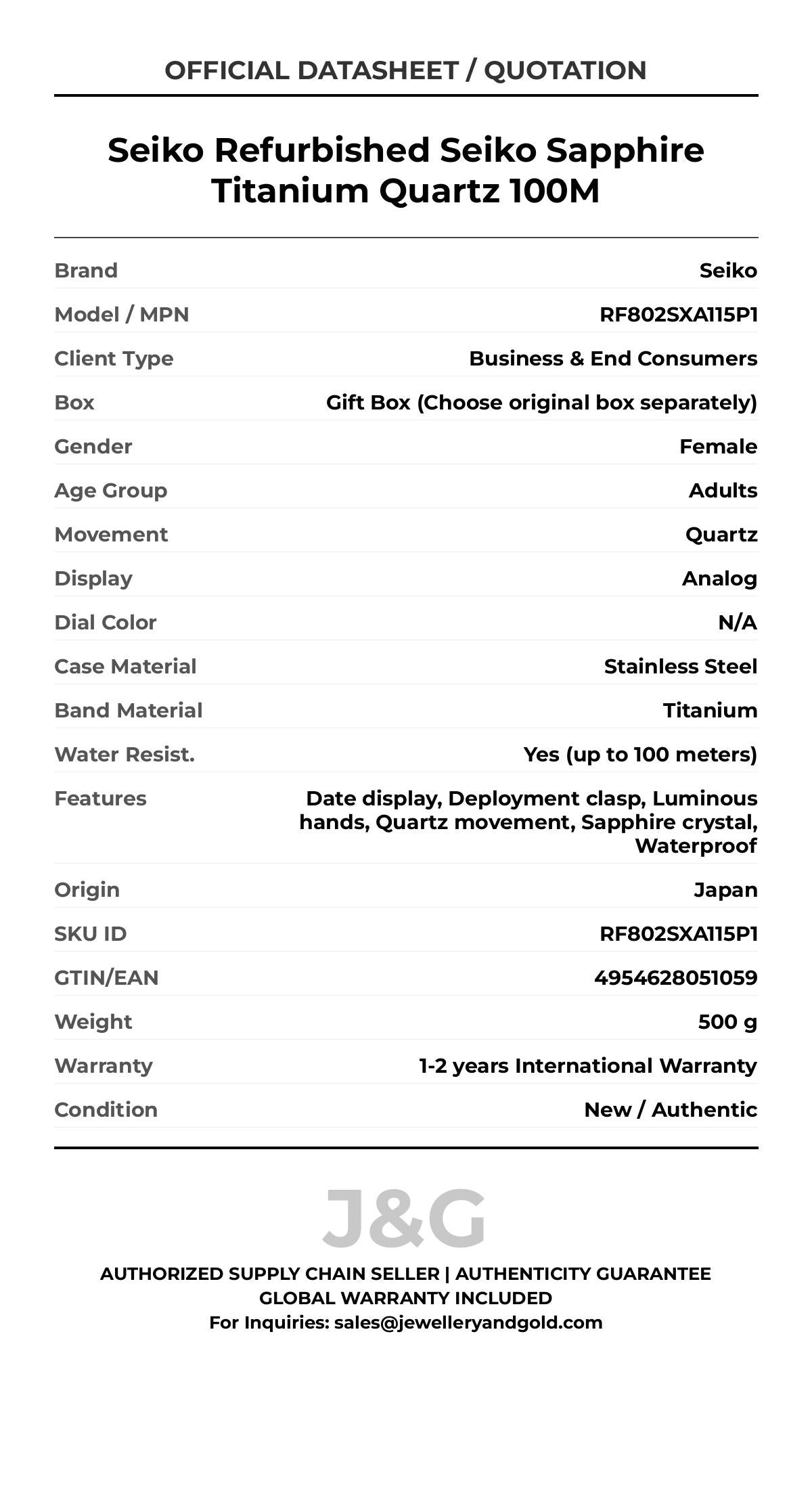 Seiko Refurbished Seiko Sapphire Titanium Quartz 100M. A brand-new Seiko watch featuring a N/A dial and a Titanium strap. Angled view. - MAIN_PH