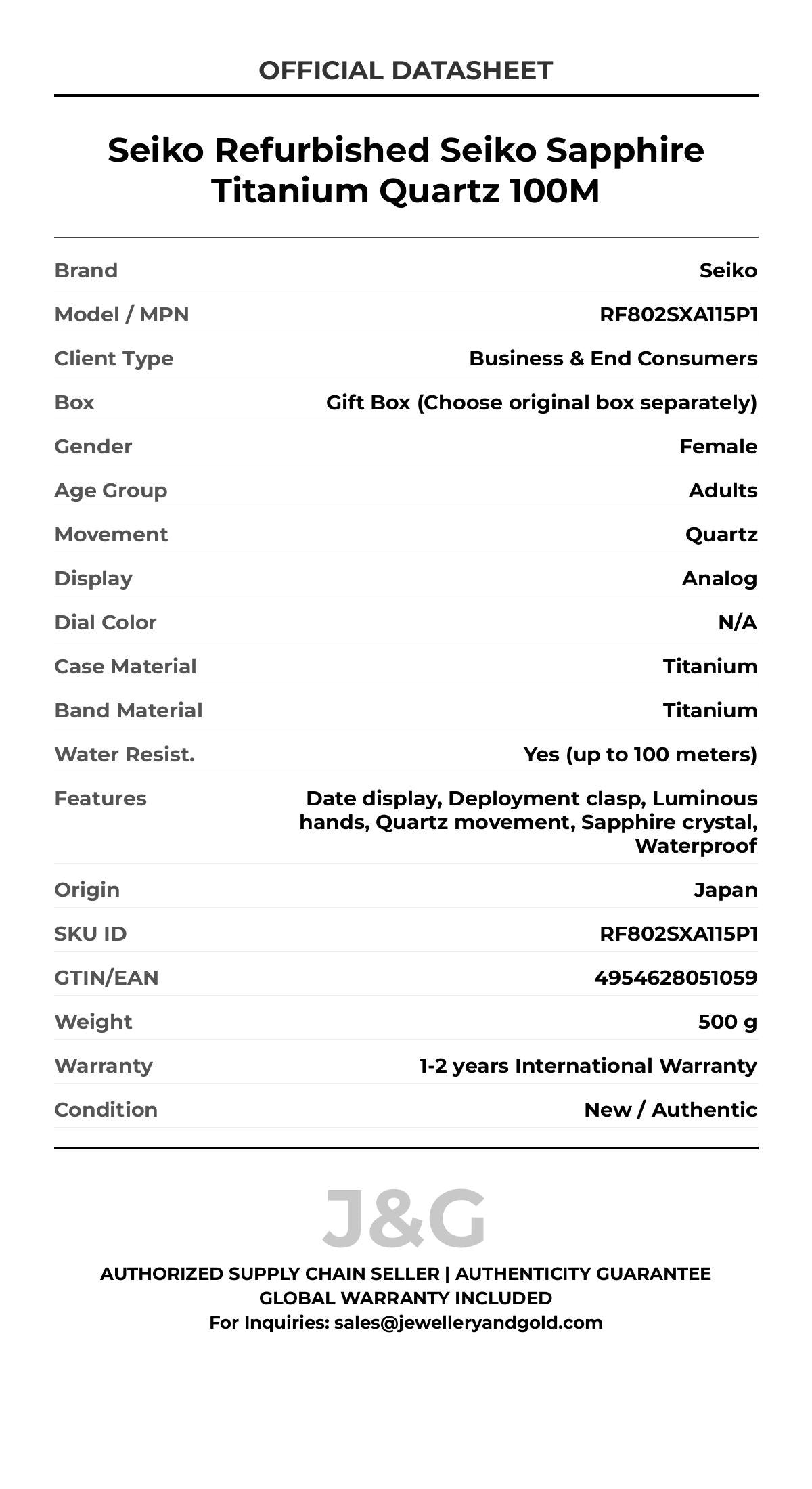 Seiko Refurbished Seiko Sapphire Titanium Quartz 100M. A brand-new Seiko watch featuring a N/A dial and a Titanium strap. Front view. - MAIN_PH