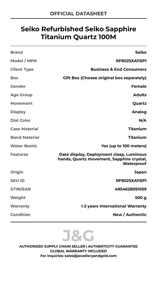 Seiko Refurbished Seiko Sapphire Titanium Quartz 100M. A brand-new Seiko watch featuring a N/A dial and a Titanium strap. Front view. - MAIN_PH