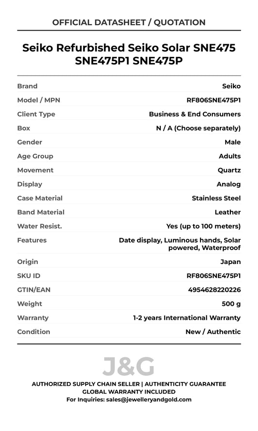 Seiko Refurbished Seiko Solar SNE475 SNE475P1 SNE475P. A brand-new Seiko watch featuring a Leather strap. Angled view. - MAIN_PH