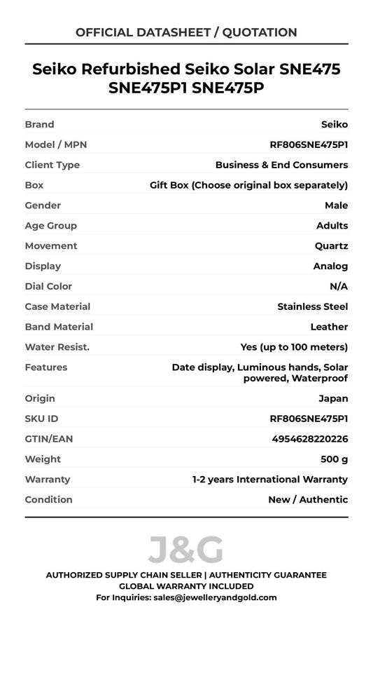 Seiko Refurbished Seiko Solar SNE475 SNE475P1 SNE475P. A brand-new Seiko watch featuring a N/A dial and a Leather strap. Side view. - MAIN_PH