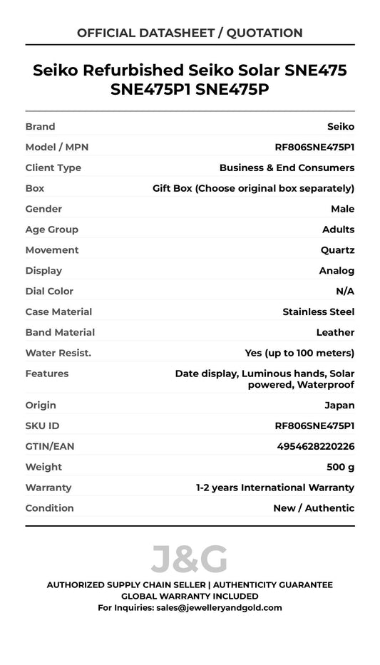 Seiko Refurbished Seiko Solar SNE475 SNE475P1 SNE475P. A brand-new Seiko watch featuring a N/A dial and a Leather strap. Front view. - MAIN_PH