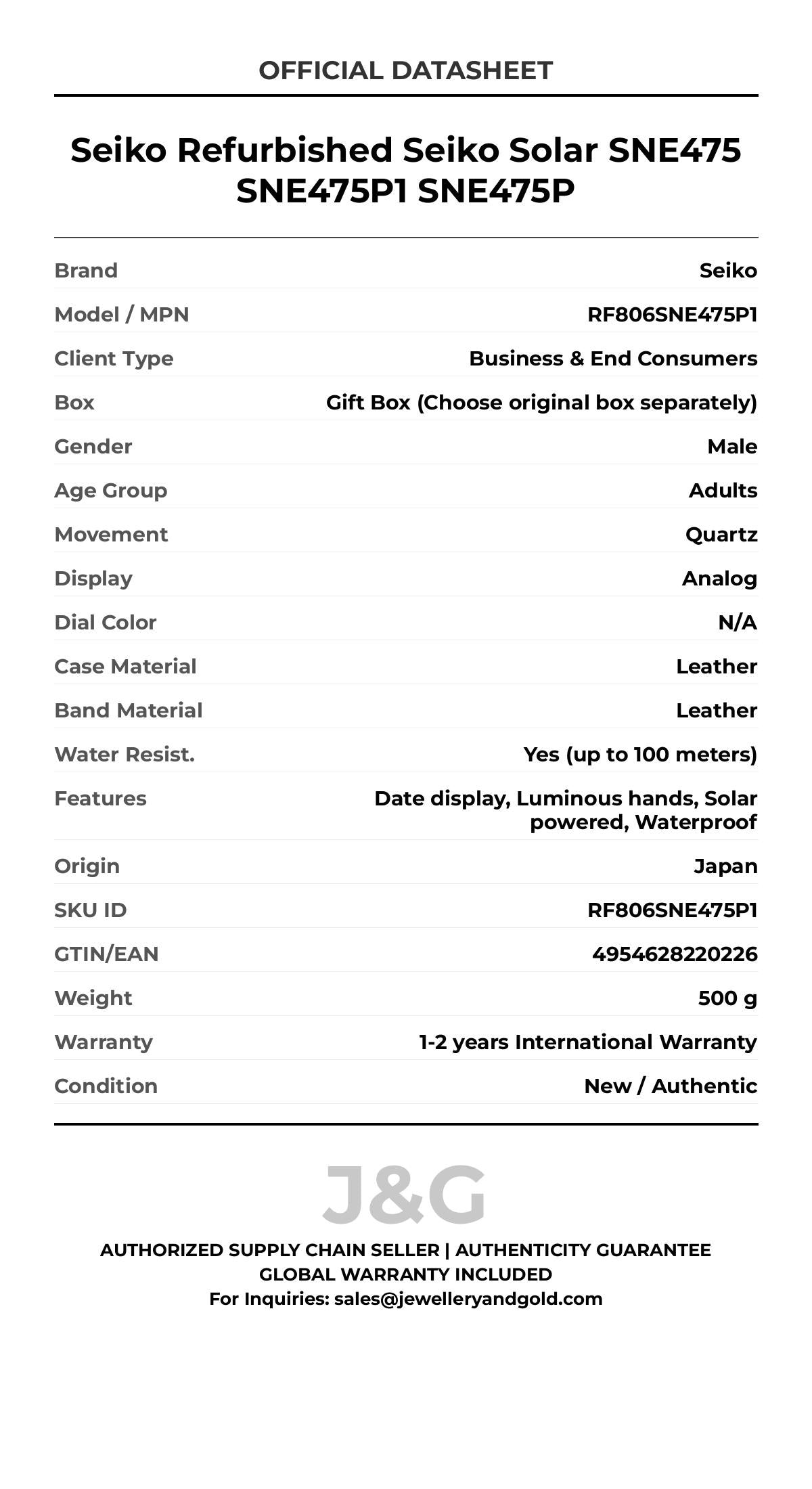 Seiko Refurbished Seiko Solar SNE475 SNE475P1 SNE475P. A brand-new Seiko watch featuring a N/A dial and a Leather strap. Front view. - MAIN_PH