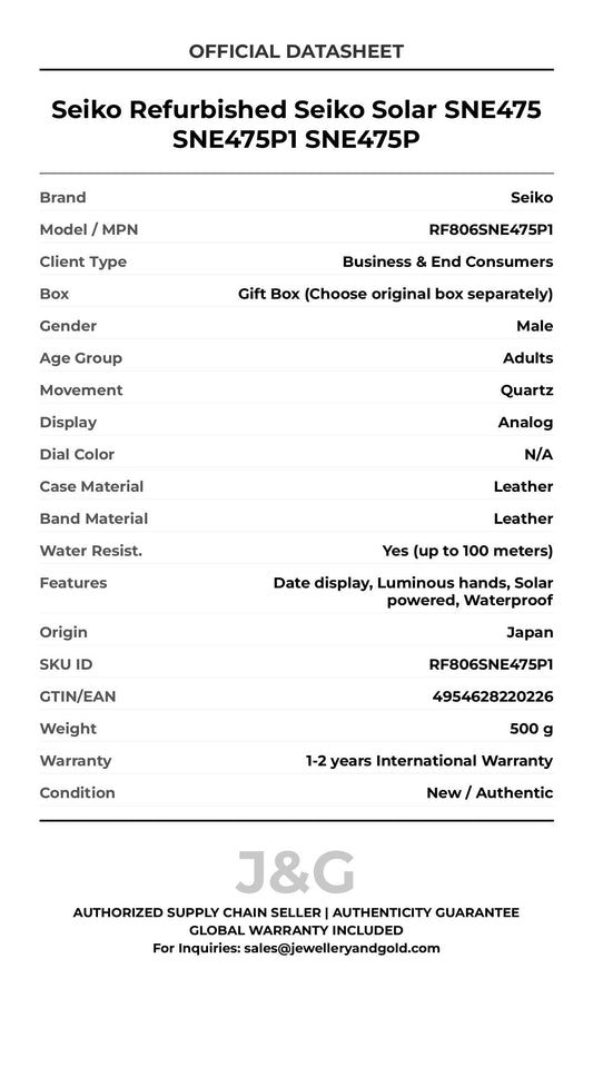 Seiko Refurbished Seiko Solar SNE475 SNE475P1 SNE475P. A brand-new Seiko watch featuring a N/A dial and a Leather strap. Front view. - MAIN_PH