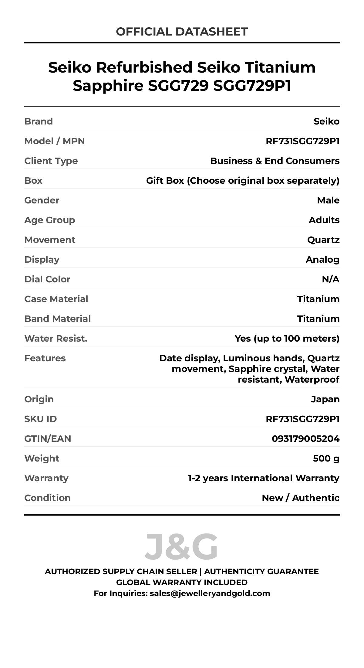 Seiko Refurbished Seiko Titanium Sapphire SGG729 SGG729P1. A brand-new Seiko watch featuring a N/A dial and a Titanium strap. Angled view. - MAIN_PH