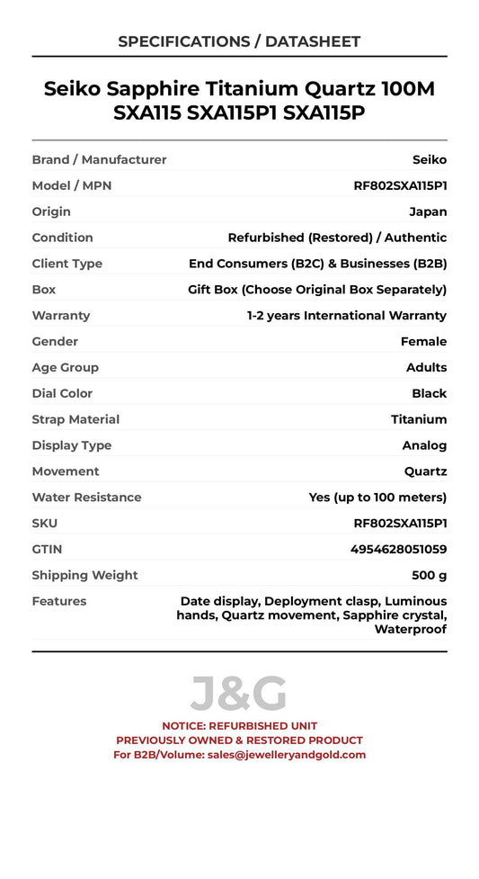 Seiko Sapphire Titanium Quartz 100M SXA115 SXA115P1 SXA115P. A professionally refurbished Seiko watch featuring a Black dial and a Titanium strap. Side view. - MAIN_PH