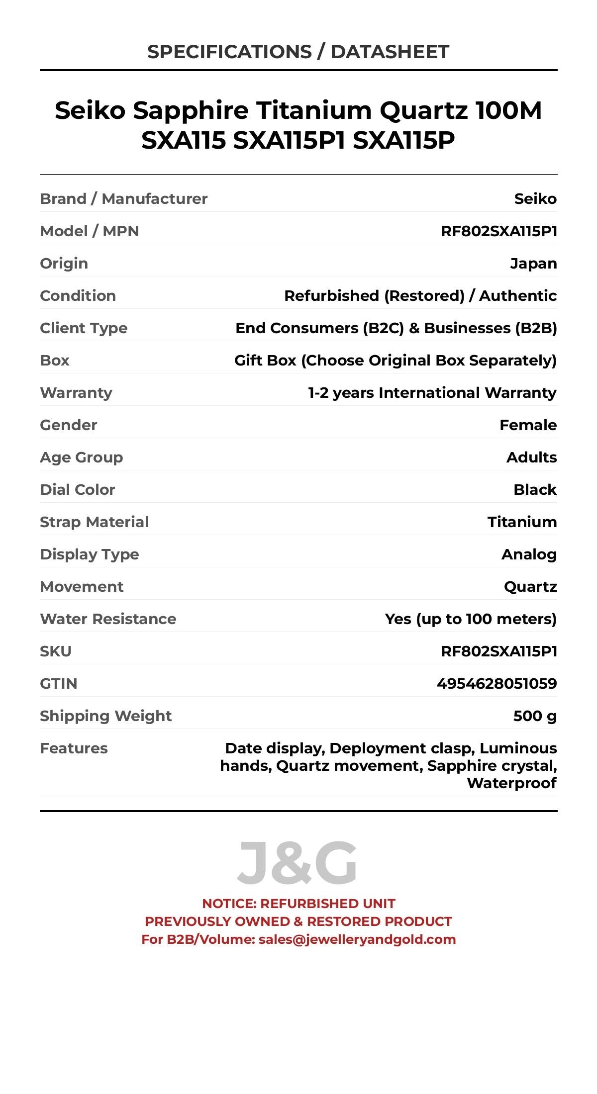 Seiko Sapphire Titanium Quartz 100M SXA115 SXA115P1 SXA115P. A professionally refurbished Seiko watch featuring a Black dial and a Titanium strap. Angled view. - MAIN_PH