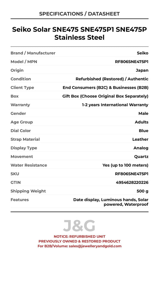 Seiko Solar SNE475 SNE475P1 SNE475P Stainless Steel. A professionally refurbished Seiko watch featuring a Blue dial and a Leather strap. Side view. - MAIN_PH