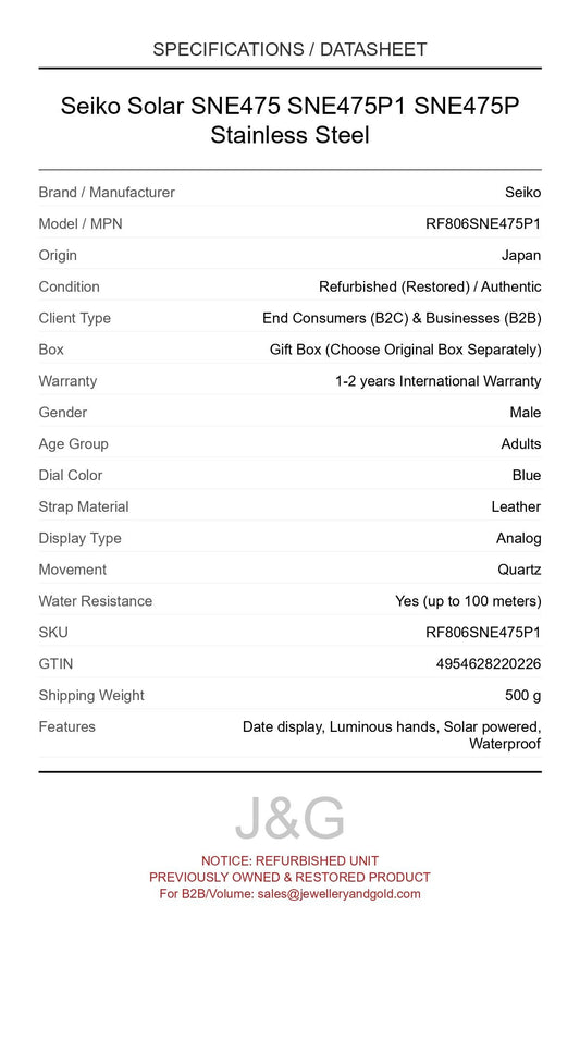 Seiko Solar SNE475 SNE475P1 SNE475P Stainless Steel. A professionally refurbished Seiko watch featuring a Blue dial and a Leather strap. Front view. - MAIN_PH